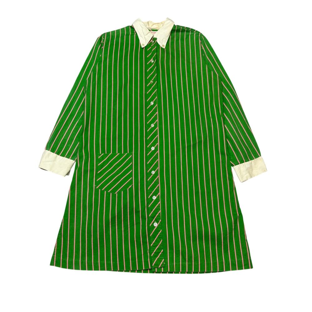 Vintage 60s Mod Stripe Button Down Shirt Dress Women's 20.5x34.5 Green Twee